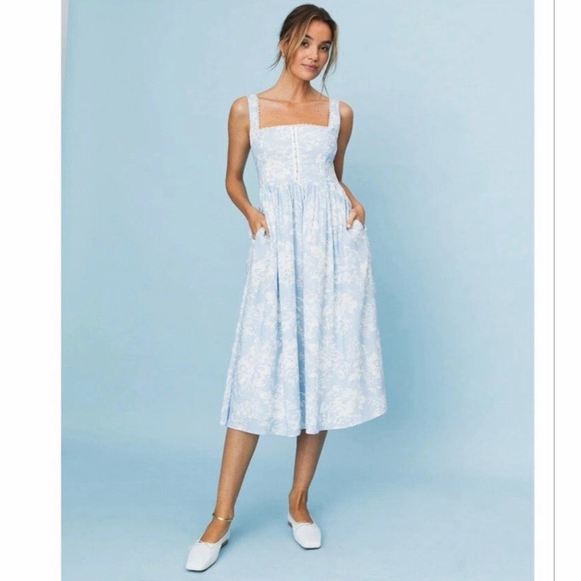 Nwot O.P.T. Effie Blue White Floral Linen Midi Dress Sleeveless Pockets Small